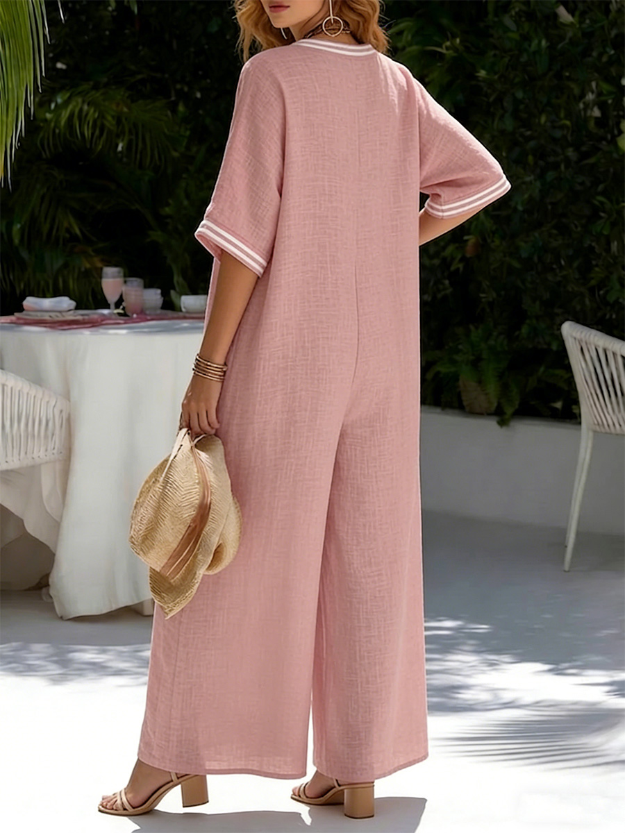 New Arrivals🔥 Cozy Loose-fit V Neck Striped Cotton Linen Jumpsuit
