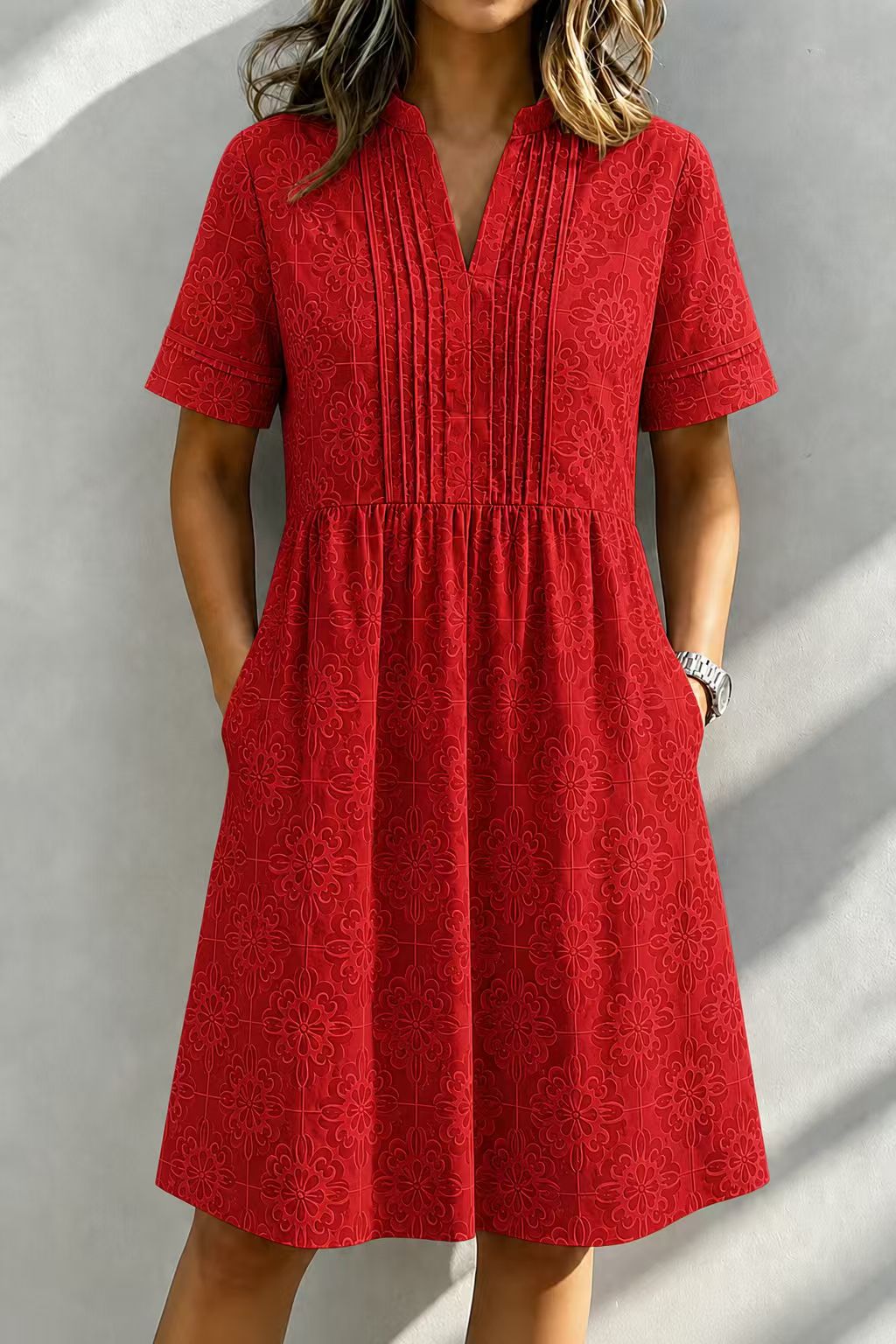 Casual V-Neck Embroidered Short Sleeve A-Line Dress with Pockets