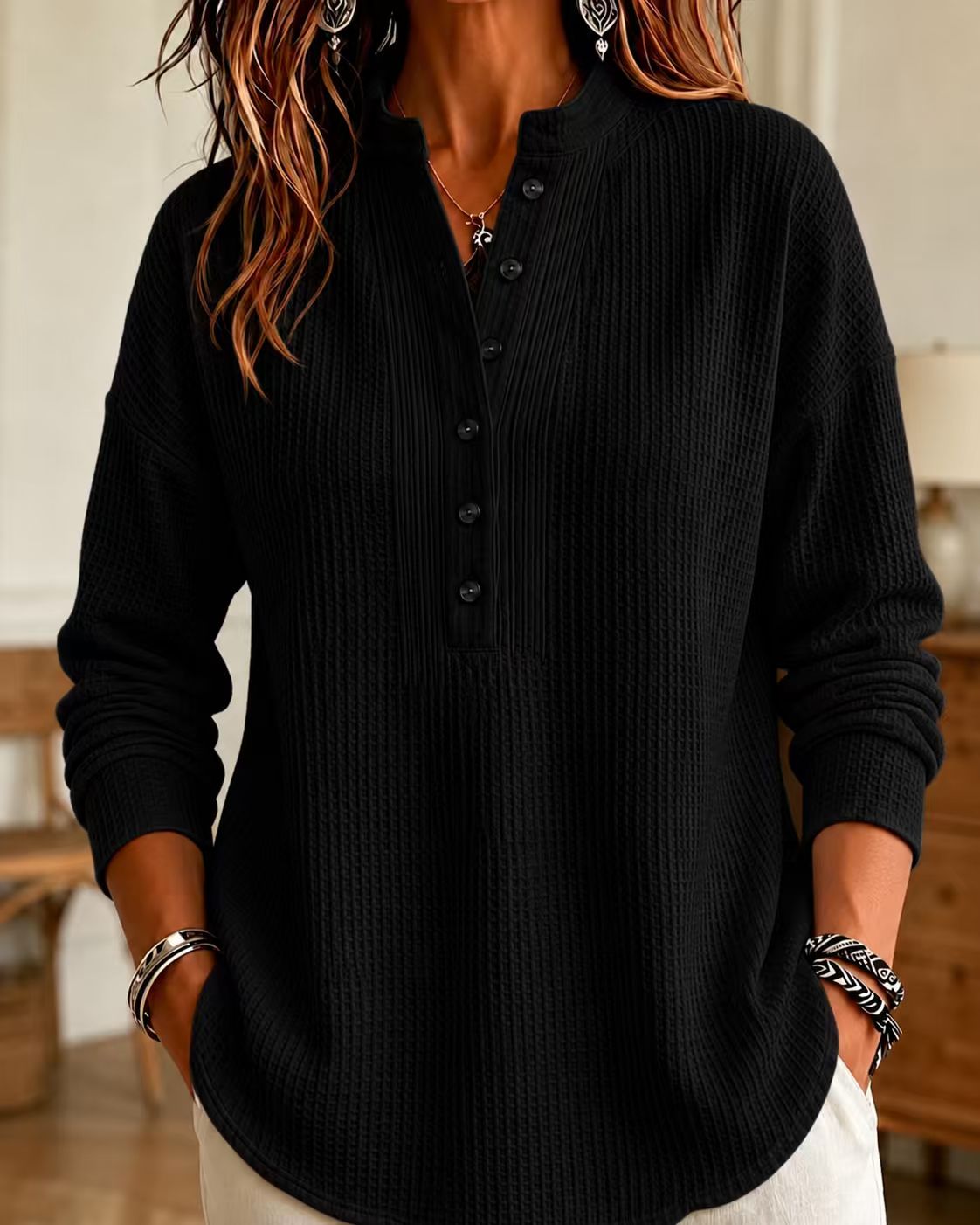 Women's Loose Fit Waffle Knit V-Neck Henley Shirt - Ultra Soft & Curve Friendly