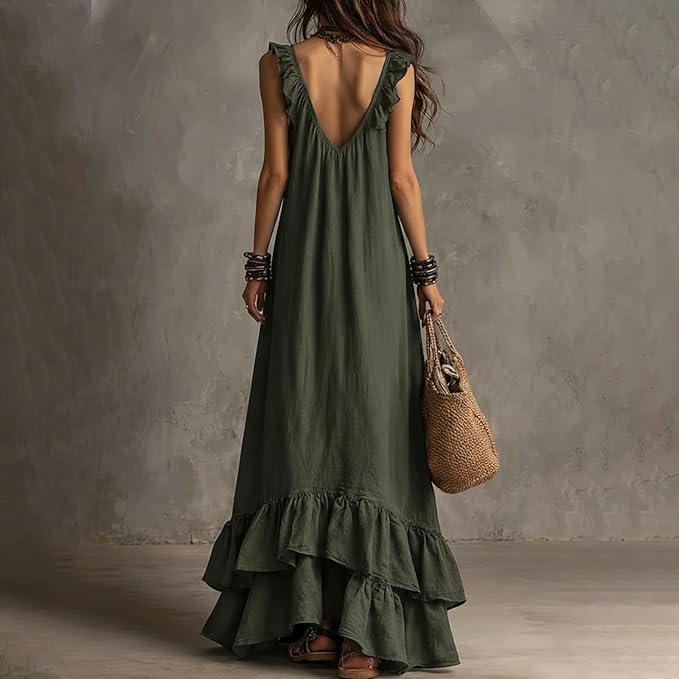 Lockeres Sommer-Maxikleid für Damen aus Leinen-Baumwolle mit Rüschen und V-Ausschnitt