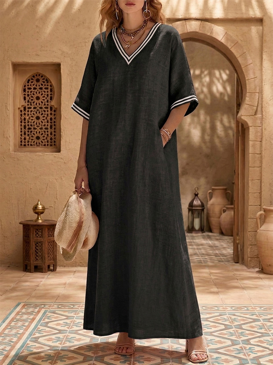 Robe Vintage en Lin et Coton Rayée – Coupe Ample & Col en V