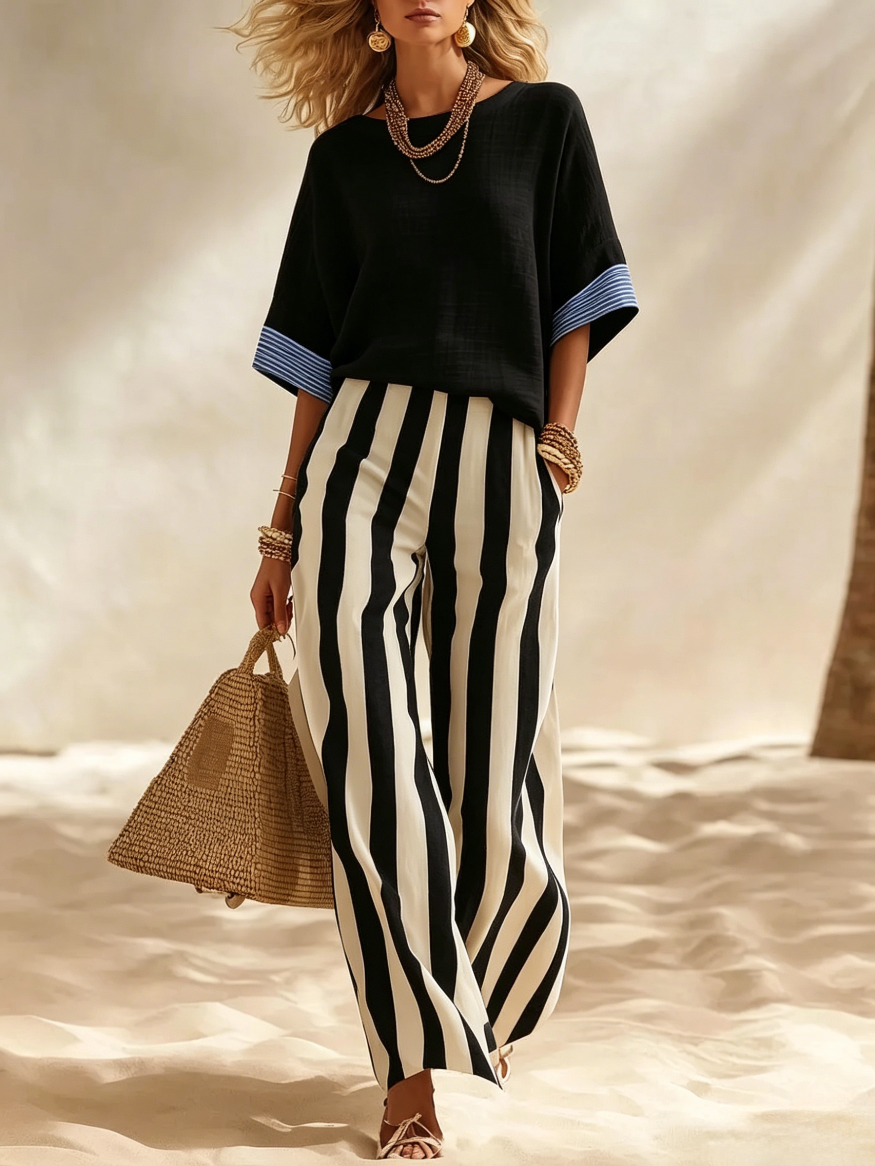 Beige Textured Cotton-linen Color-block Top & Blue-white Striped Elastic Waist Wide-leg Pants Set