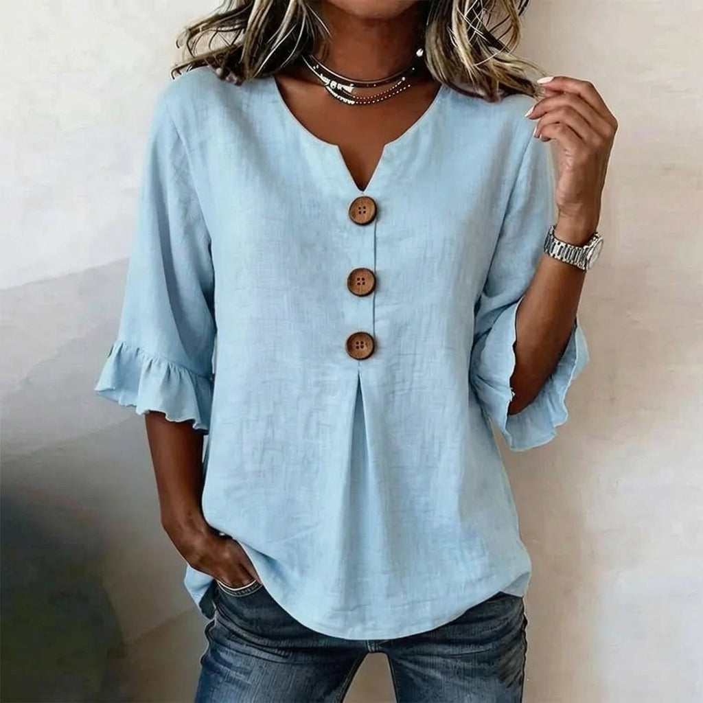 Casual 3/4 Sleeve Cotton Linen Shirt | Boho V-Neck Tunic with Wood Buttons
