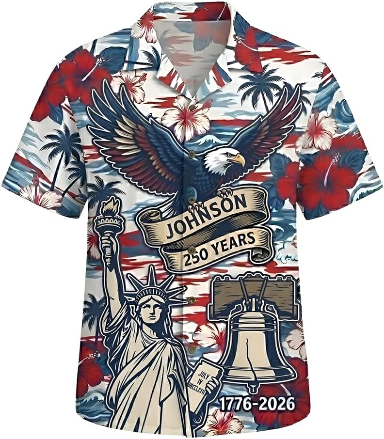 USA 250th Anniversary Hawaiian Shirt for Men, Patriotic Eagle Statue of Liberty Freedom Gift, 1776-2026