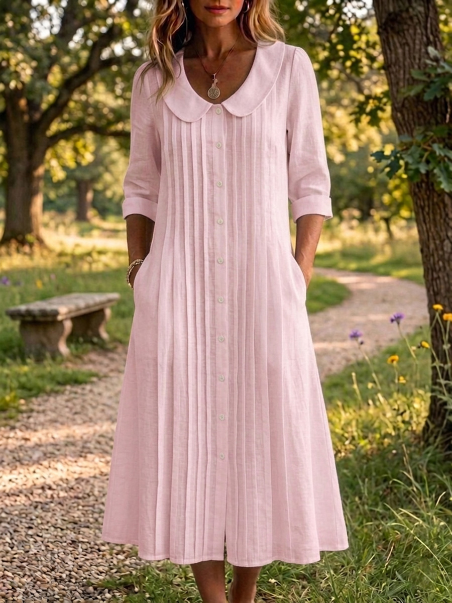 New Arrivals🔥 Women's Peter Pan Collar Casual Loose Pleated Cotton And Linen Dress