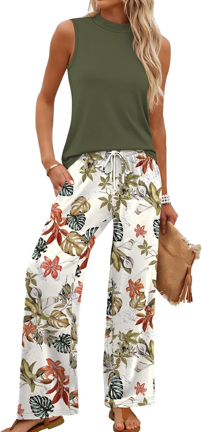 Sleeveless Top & Floral Wide-Leg Pants Set