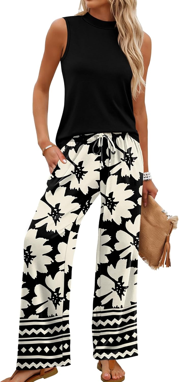Sleeveless Top & Floral Wide-Leg Pants Set