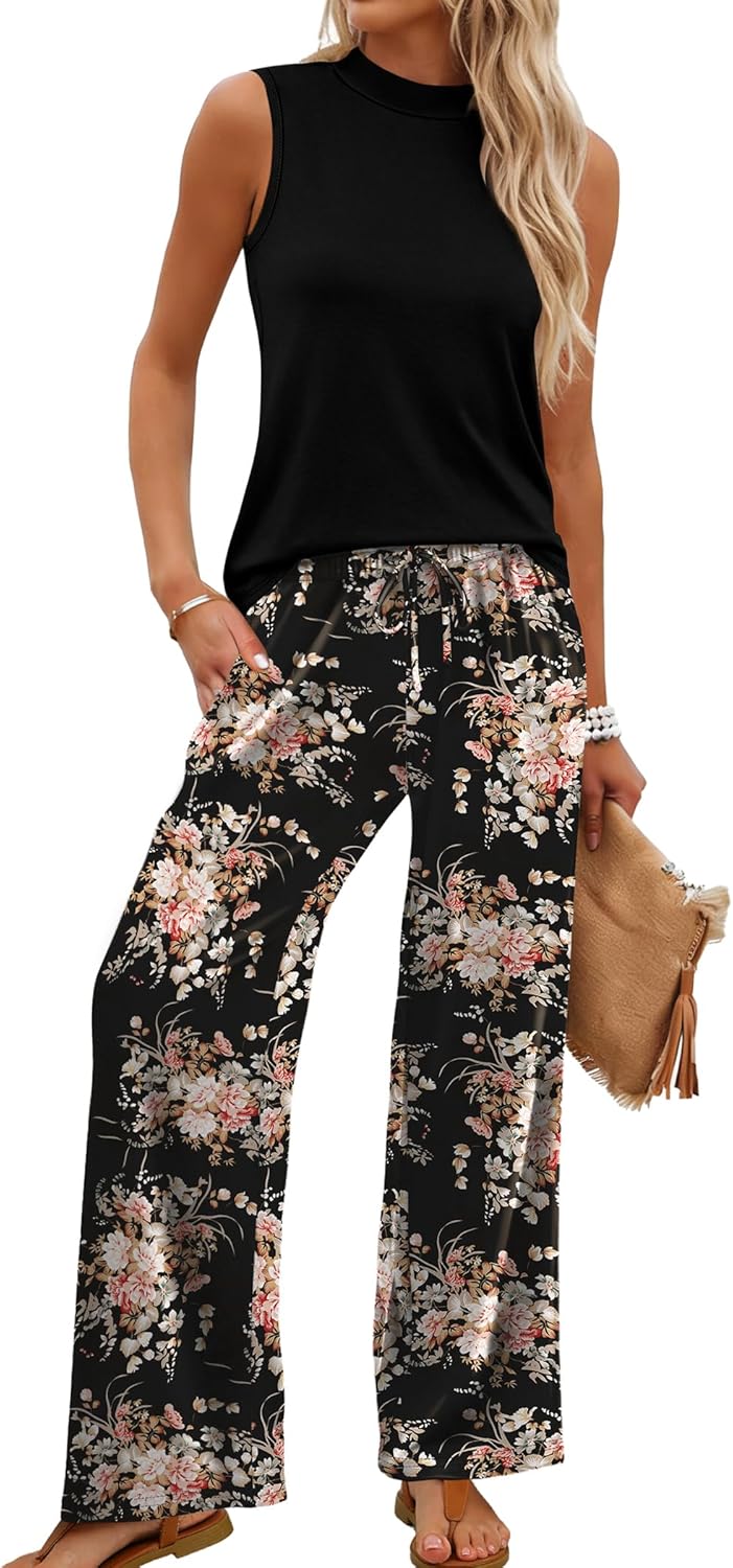 Sleeveless Top & Floral Wide-Leg Pants Set