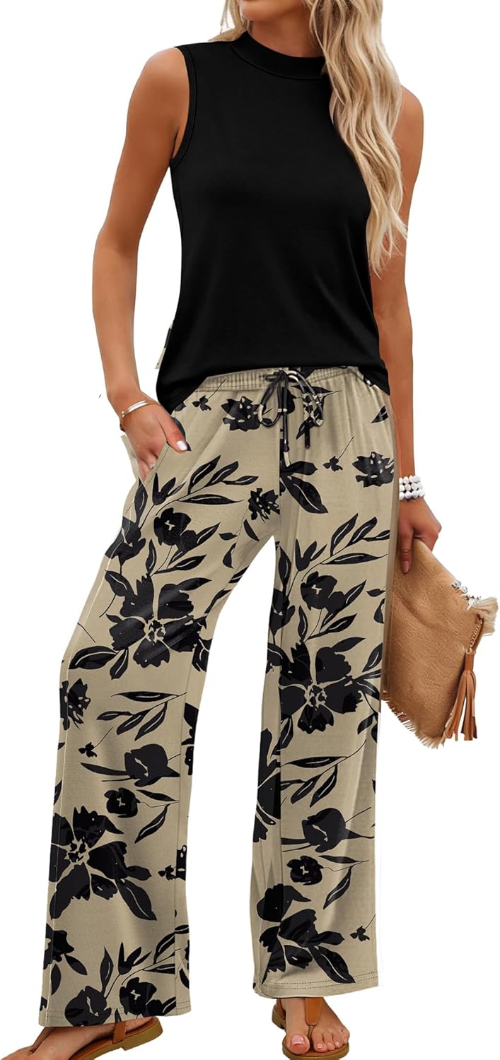 Sleeveless Top & Floral Wide-Leg Pants Set