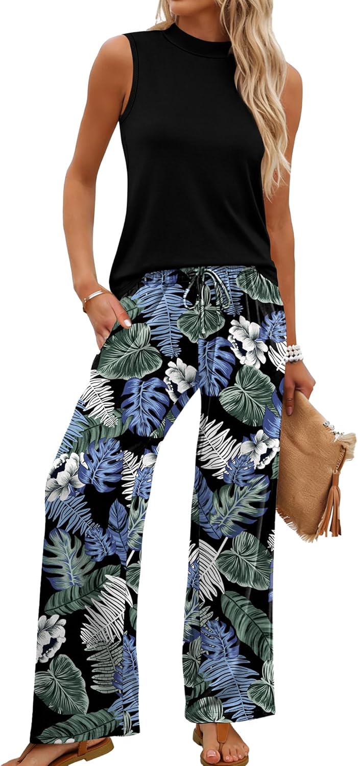 Sleeveless Top & Floral Wide-Leg Pants Set
