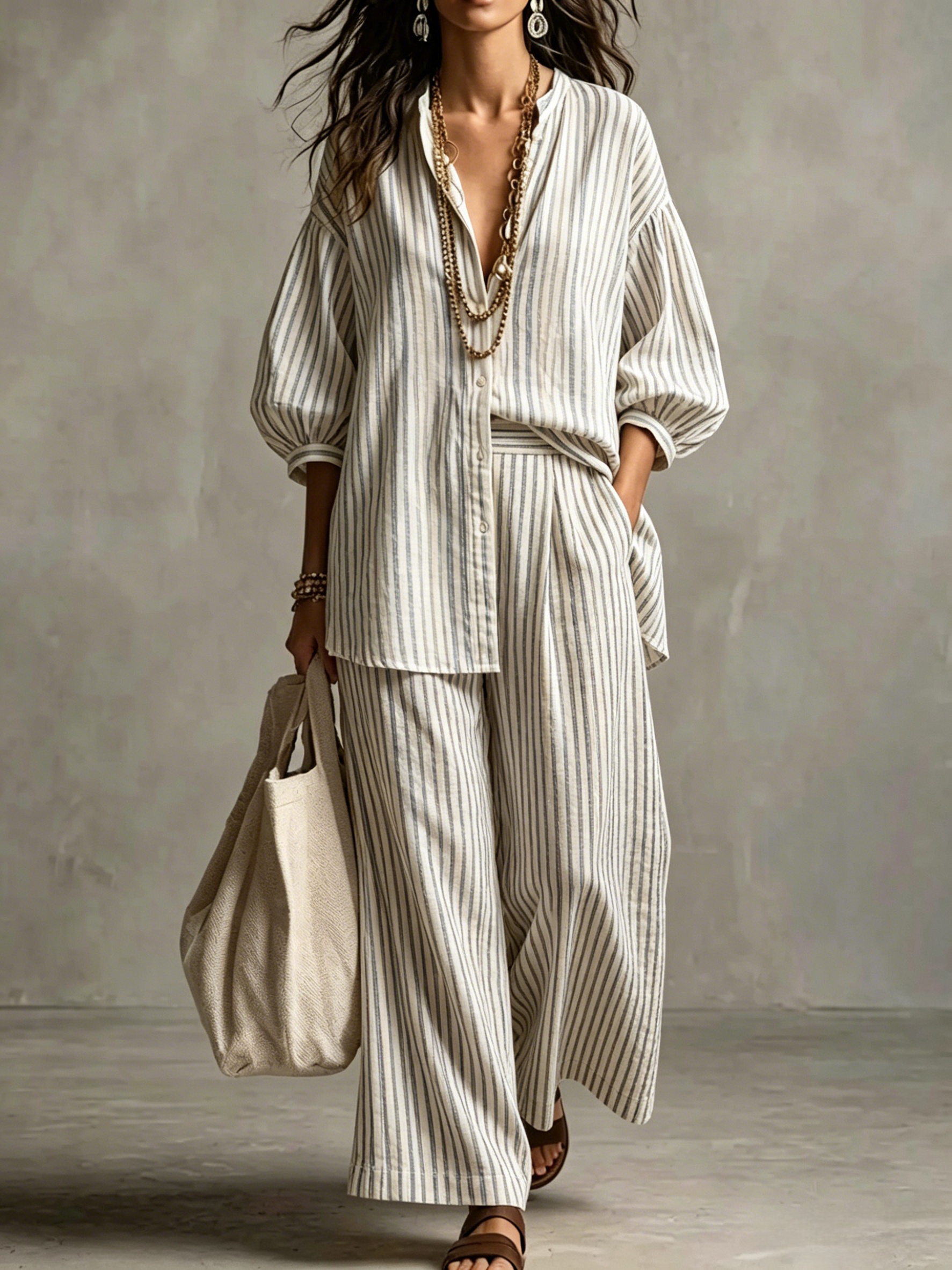 Women's Bohemian Loose Striped Cotton And Linen Set