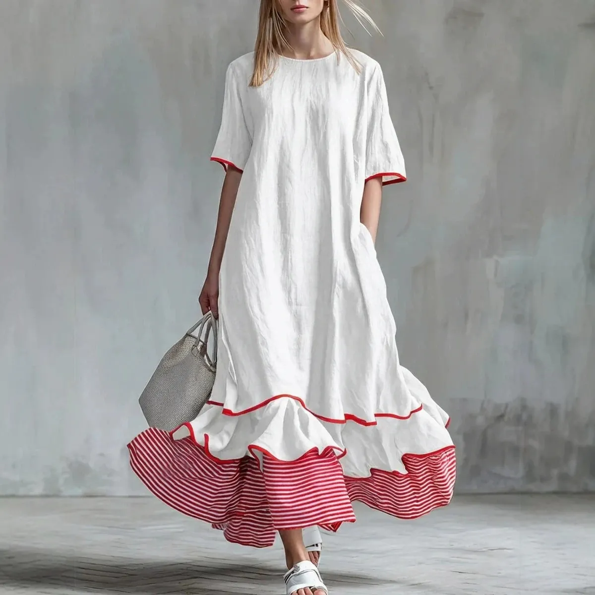 Leinen-Kleid Damen mit Taschen & Gestreiftem Saum