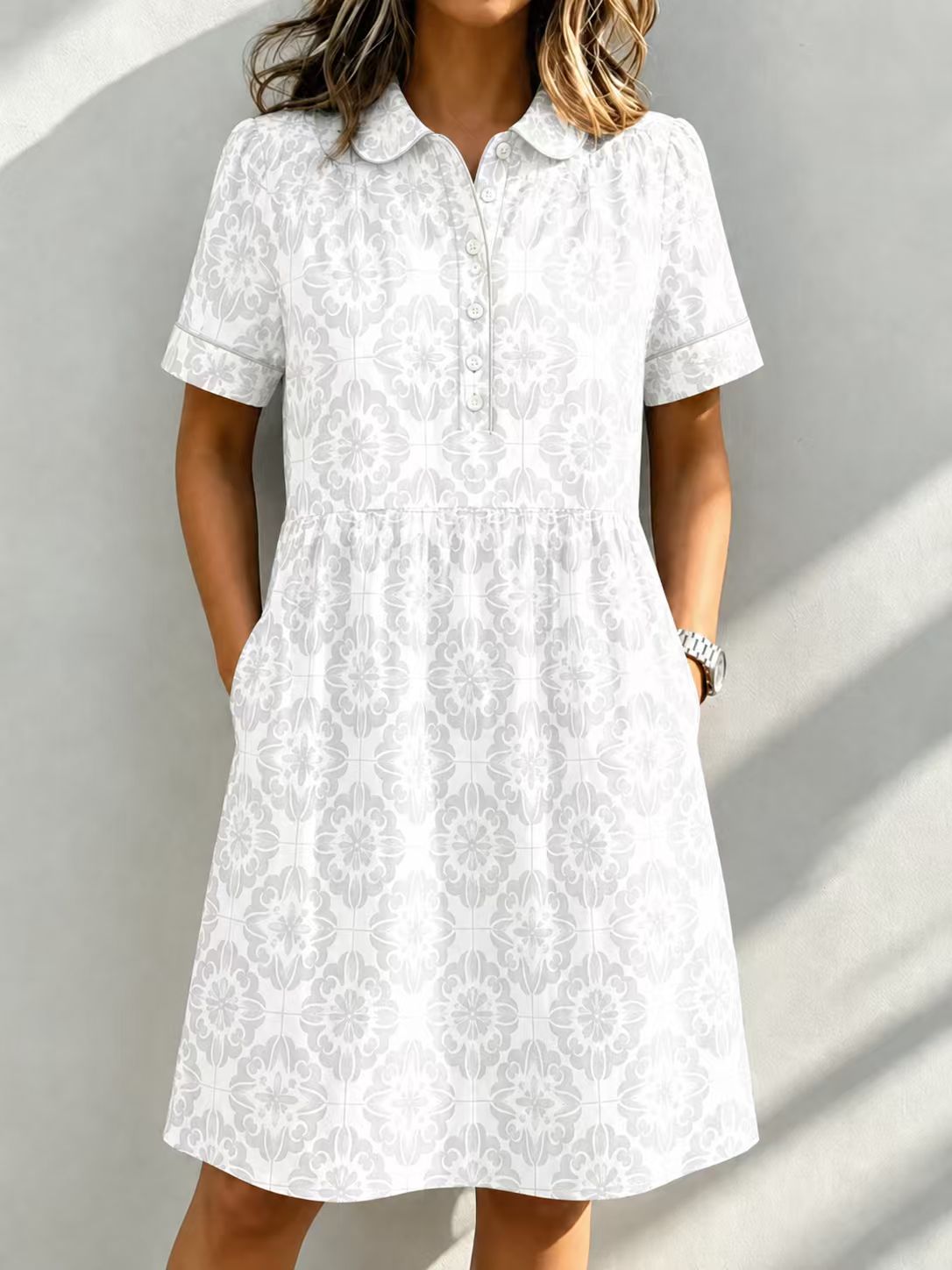 Casual Cotton Linen Santorini Print Shirt Dress with Pockets