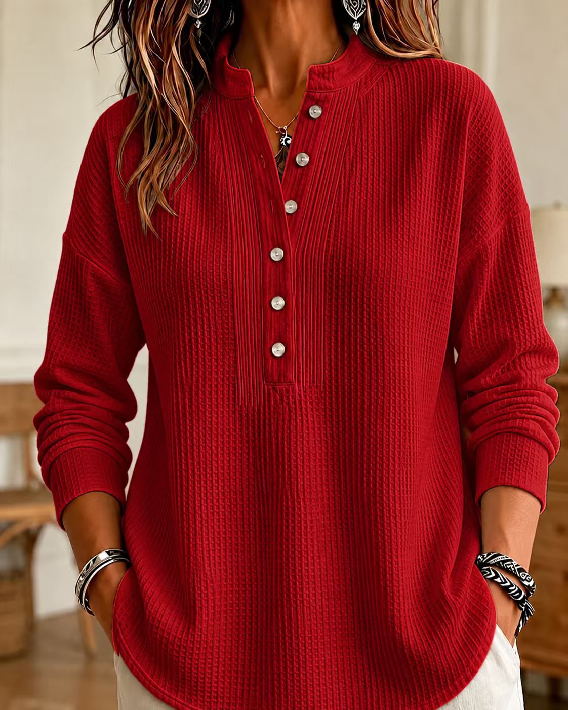 Women's Loose Fit Waffle Knit V-Neck Henley Shirt - Ultra Soft & Curve Friendly
