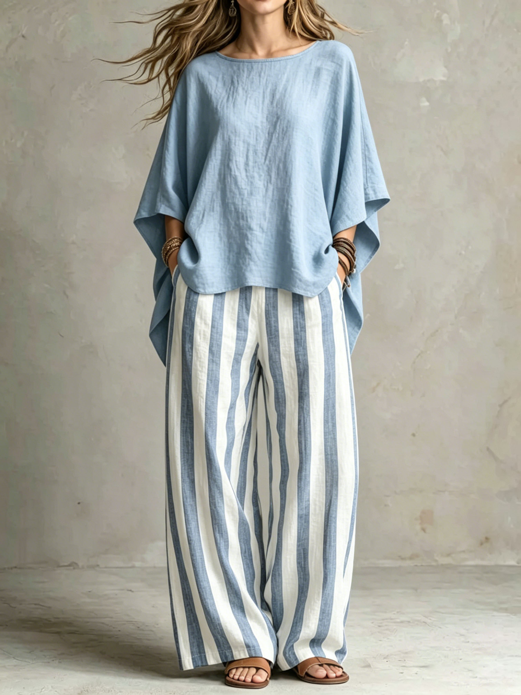 Damen Relaxed Leinen Streifen Wide-Leg Set