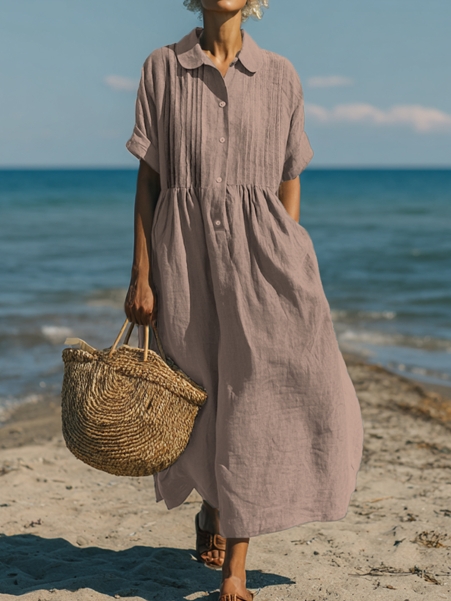 Women's Casual Cotton and Linen Peter Pan Collar Short Sleeve Dress