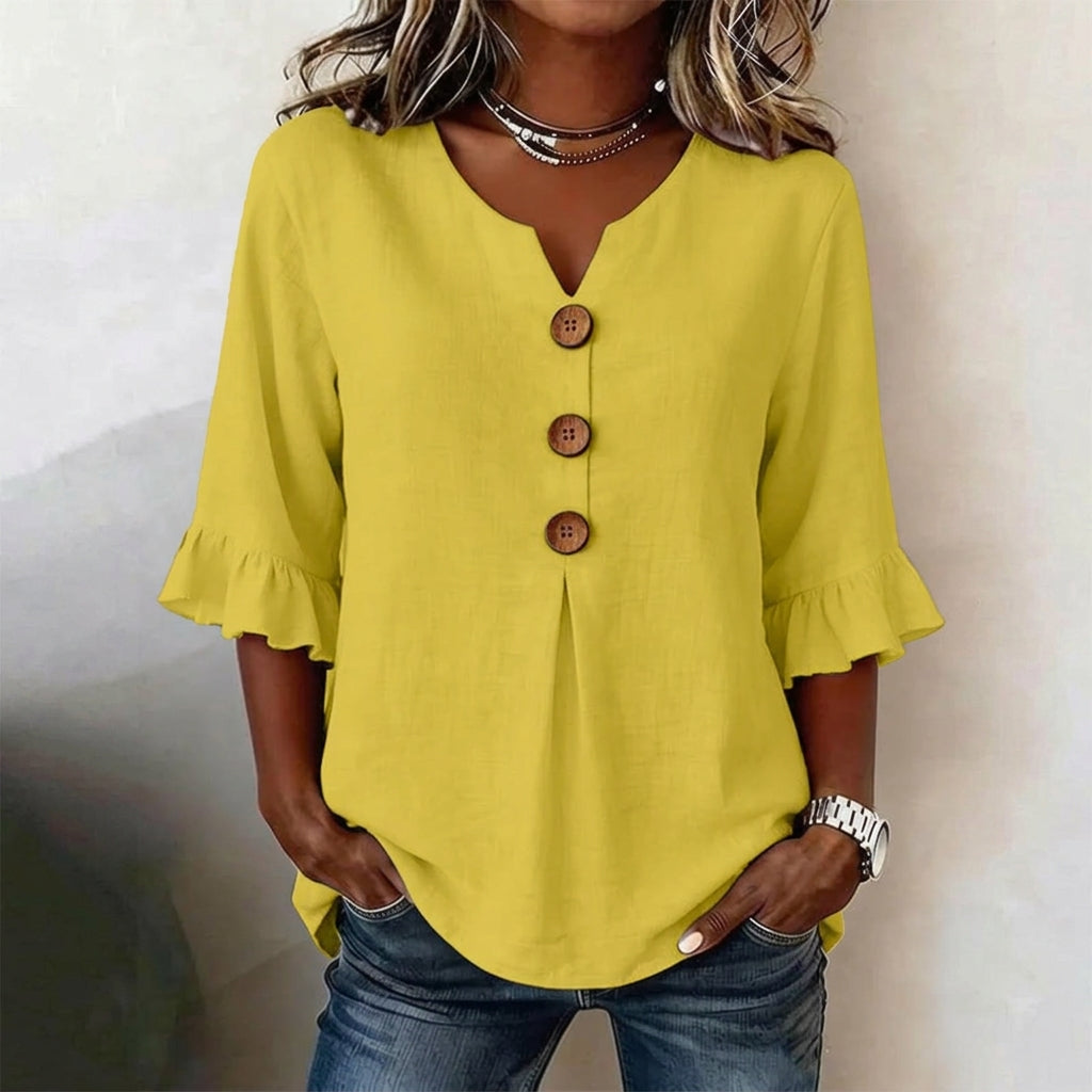 Casual 3/4 Sleeve Cotton Linen Shirt | Boho V-Neck Tunic with Wood Buttons