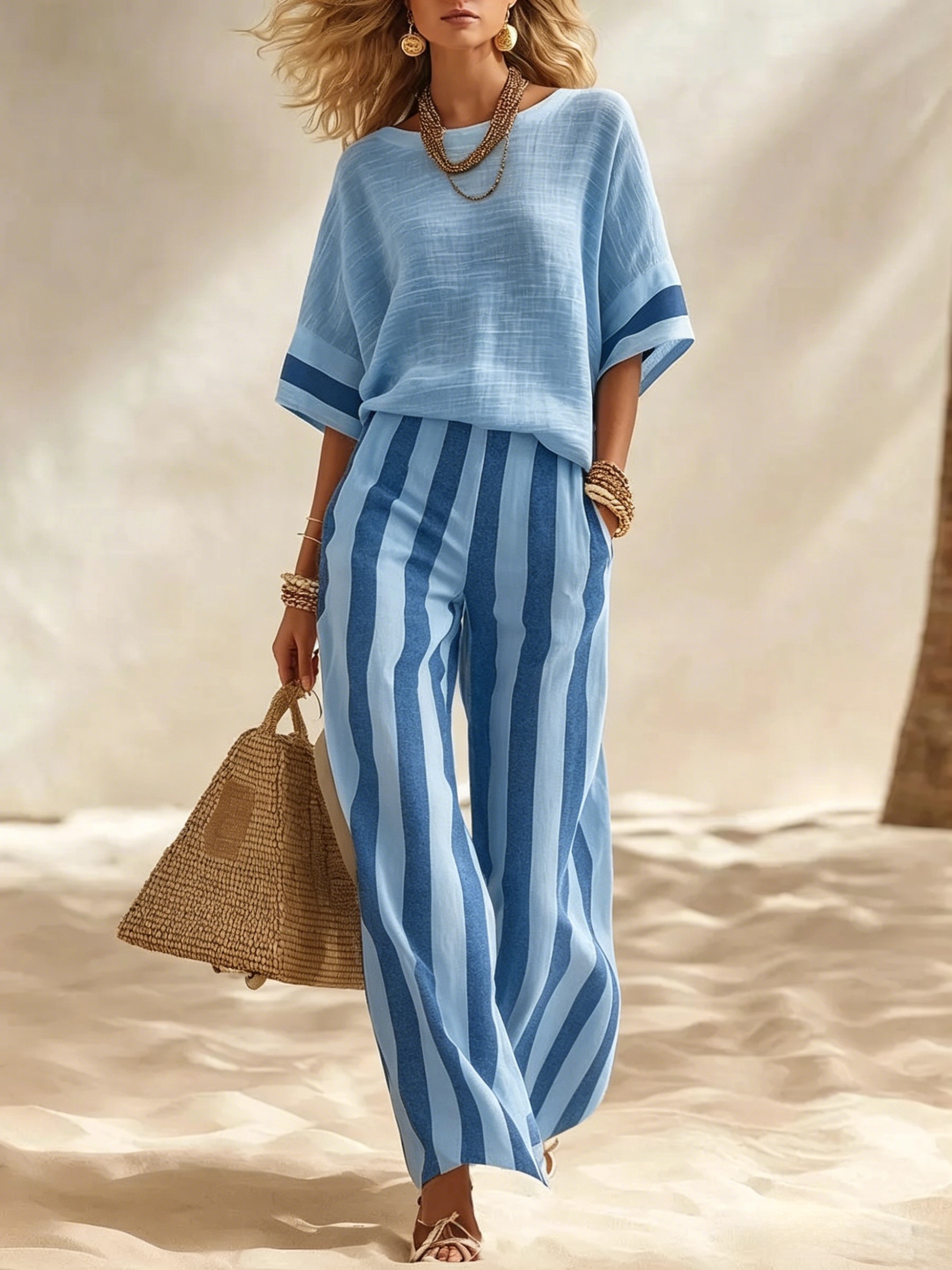 Beige Textured Cotton-linen Color-block Top & Blue-white Striped Elastic Waist Wide-leg Pants Set