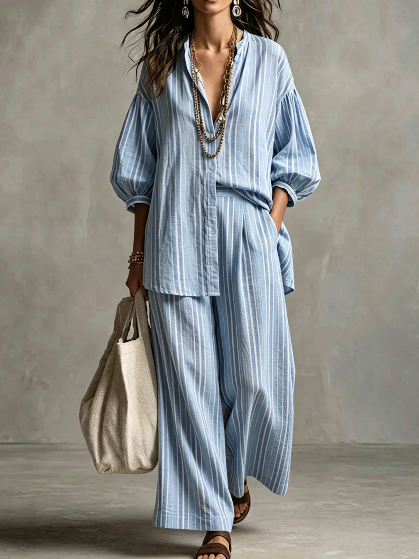 Women's Bohemian Loose Striped Cotton And Linen Set