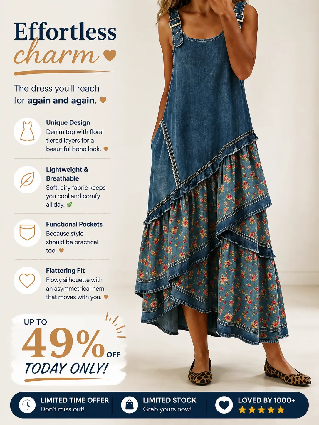 Effortless Charm Denim Floral Maxi Dress Sale