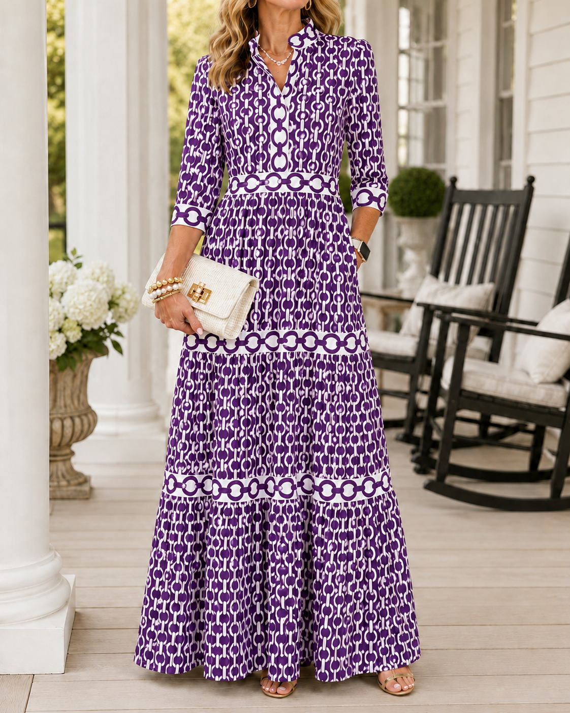 Today 49% off🔥Women’s Chain Print Button-Up Tiered Maxi Dress