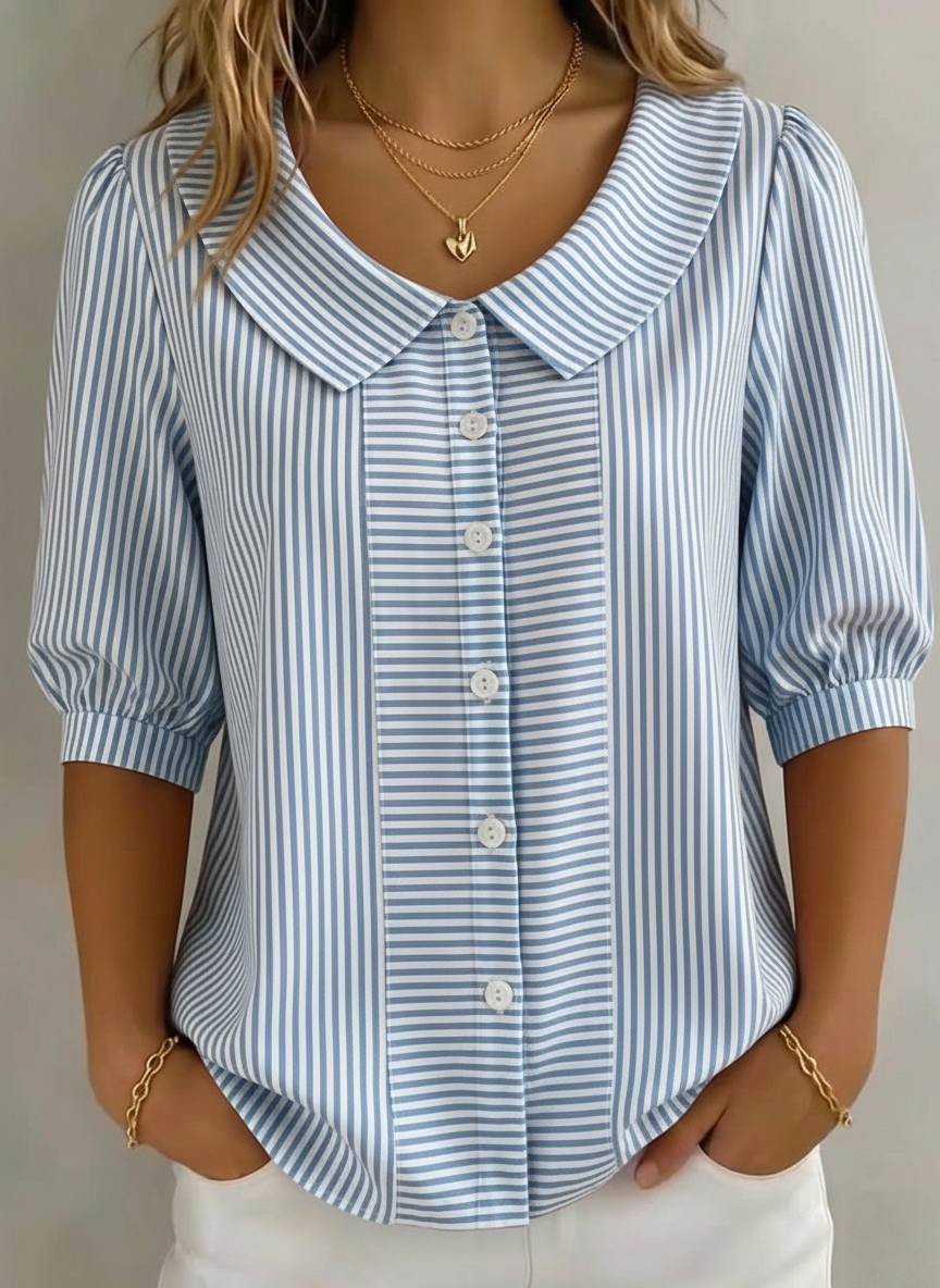 Striped Button-Down Blouse with Peter Pan Collar