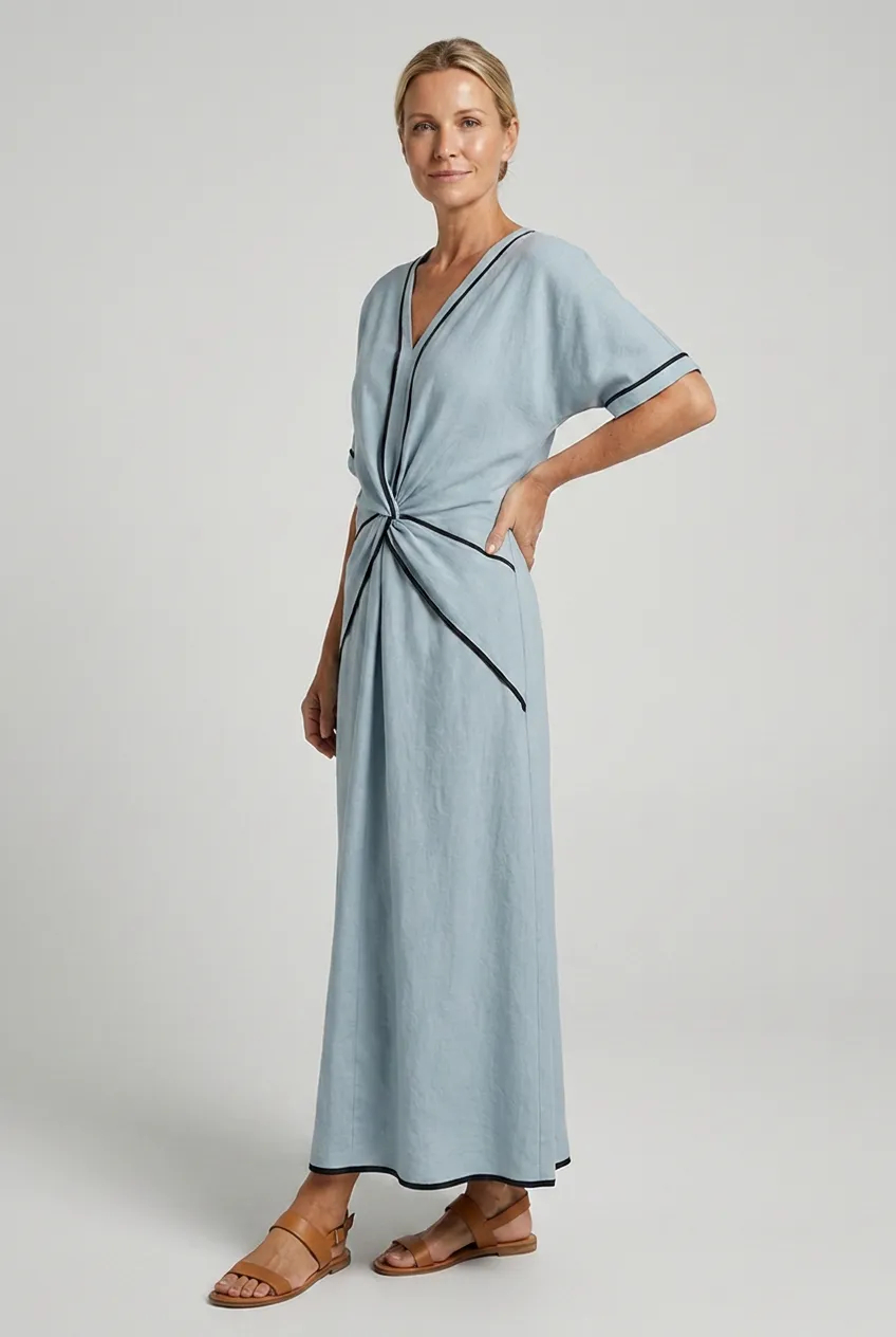 Lockeres Baumwolle-Leinen-Kleid für Damen mit V-Ausschnitt, Kurzarm