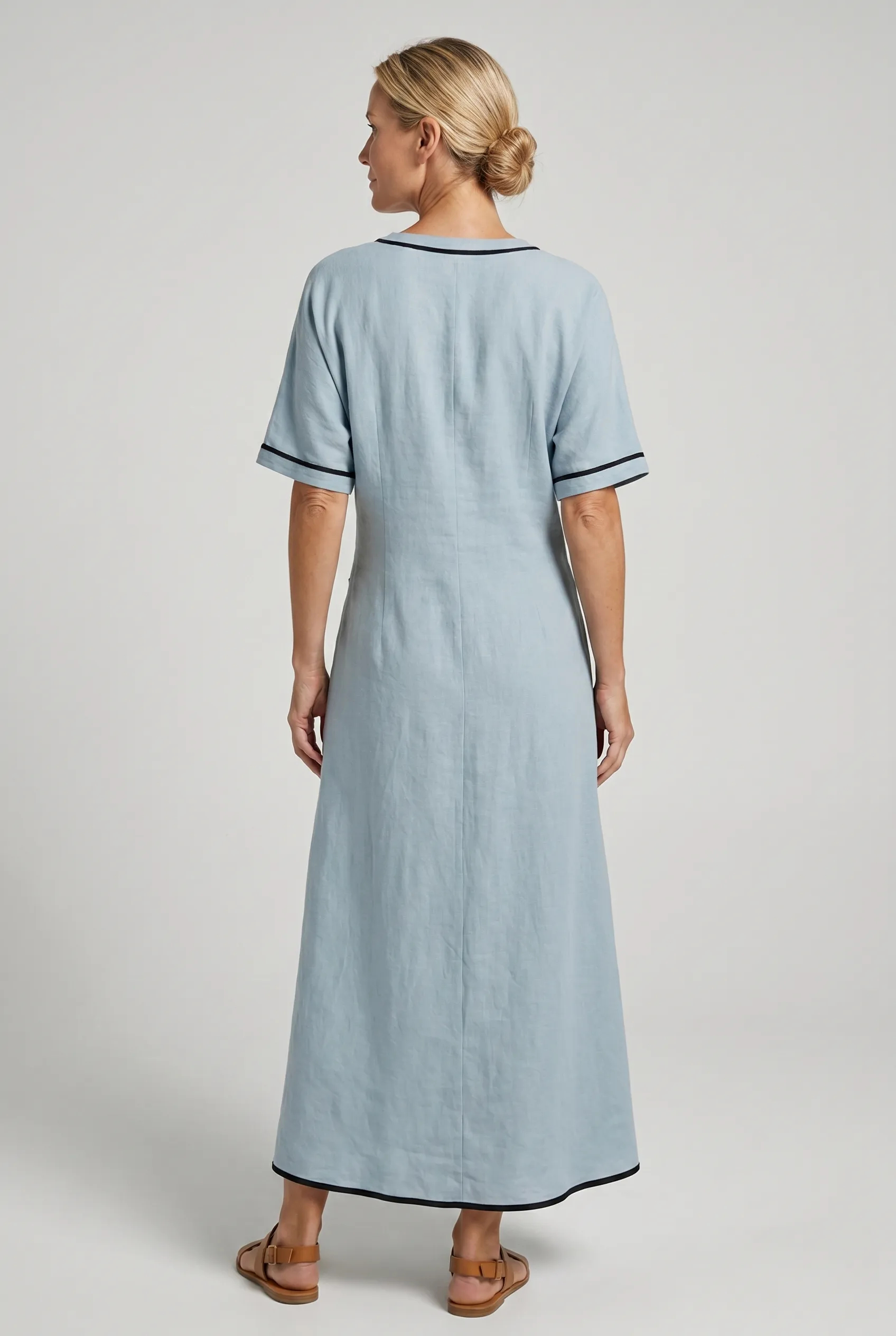 Lockeres Baumwolle-Leinen-Kleid für Damen mit V-Ausschnitt, Kurzarm