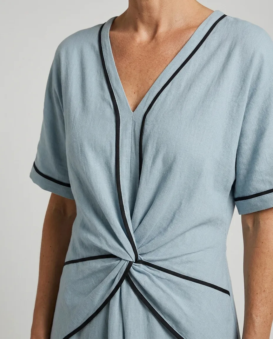 Lockeres Baumwolle-Leinen-Kleid für Damen mit V-Ausschnitt, Kurzarm