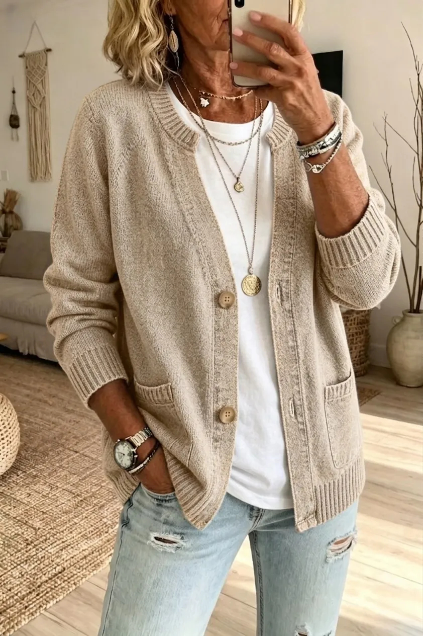 Vintage Washed Denim-Look V-Neck Knit Cardigan with Wooden Buttons