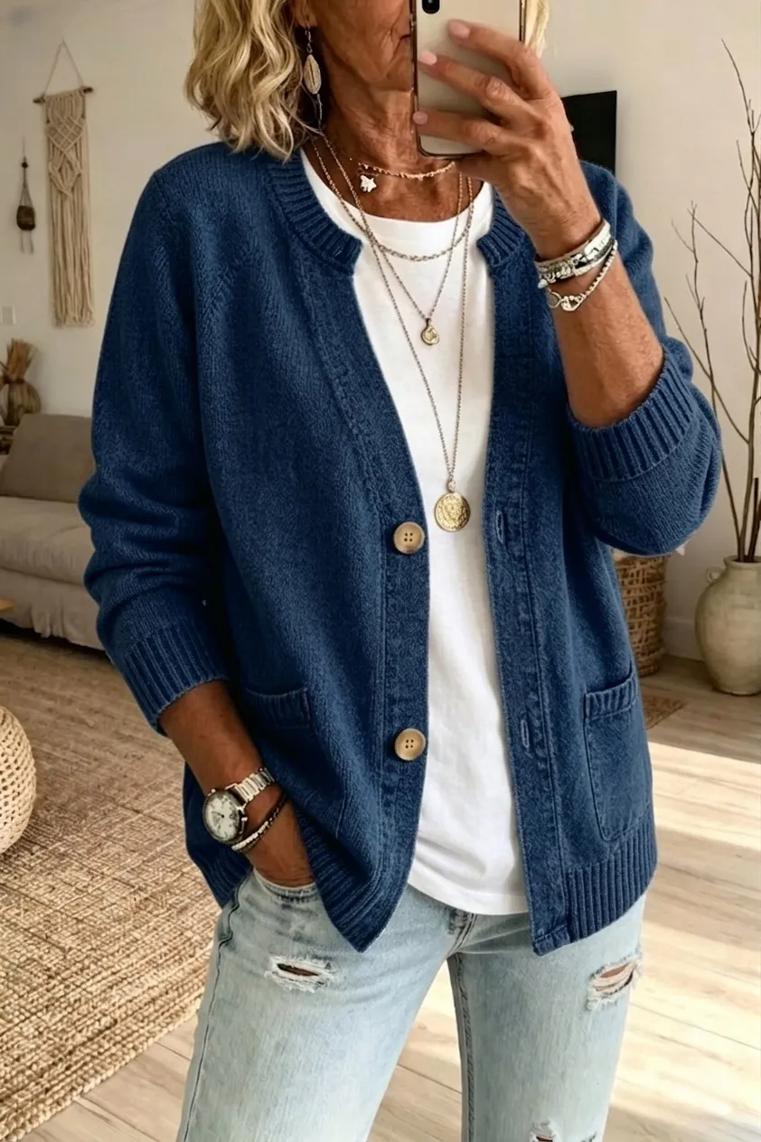 Vintage Washed Denim-Look V-Neck Knit Cardigan with Wooden Buttons