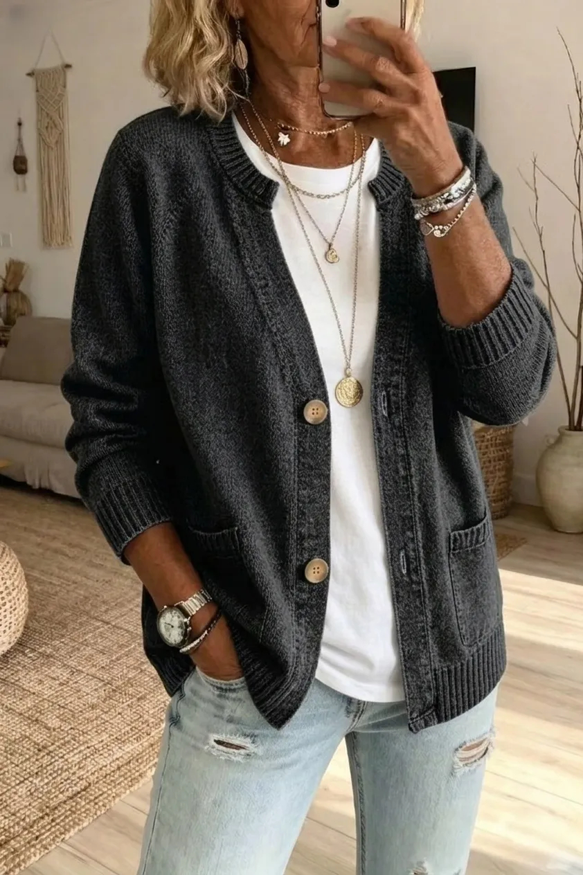 Vintage Washed Denim-Look V-Neck Knit Cardigan with Wooden Buttons