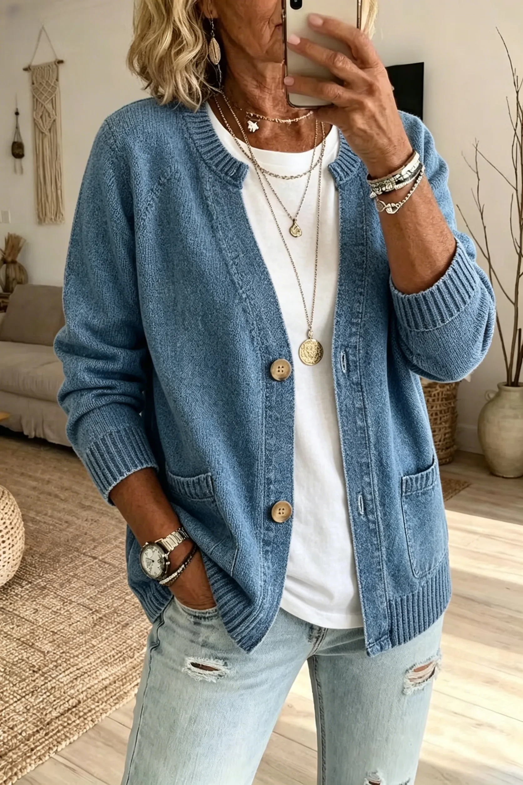 Vintage Washed Denim-Look V-Neck Knit Cardigan with Wooden Buttons
