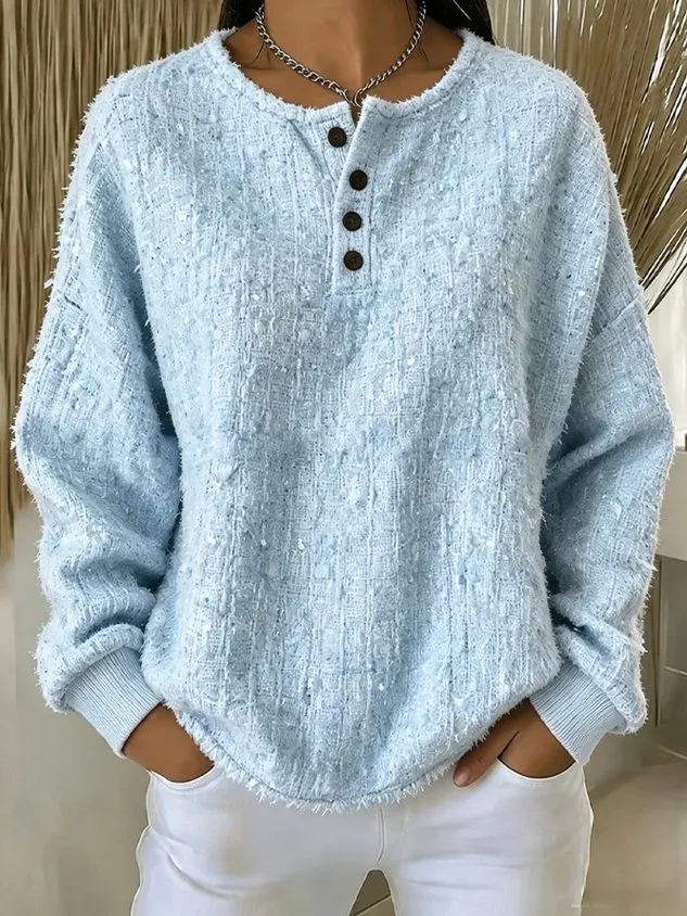 Cozy Textured Henley Neck Long Sleeve Pullover with Fringe Trim