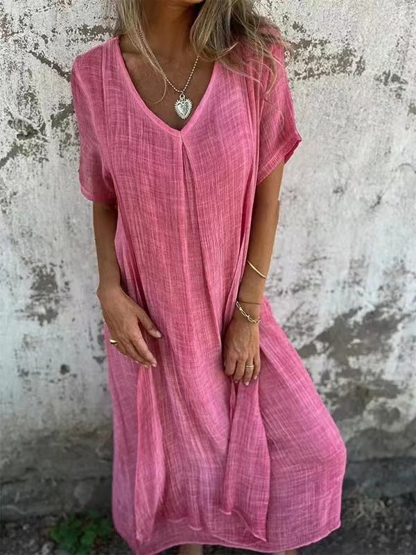 🌿 Luftiges Midi-Kleid mit V-Ausschnitt – Lockerer Casual Fit für Alltag & Sommer