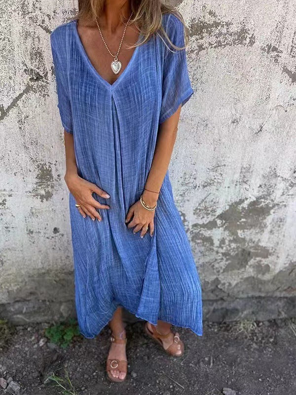 🌿 Luftiges Midi-Kleid mit V-Ausschnitt – Lockerer Casual Fit für Alltag & Sommer