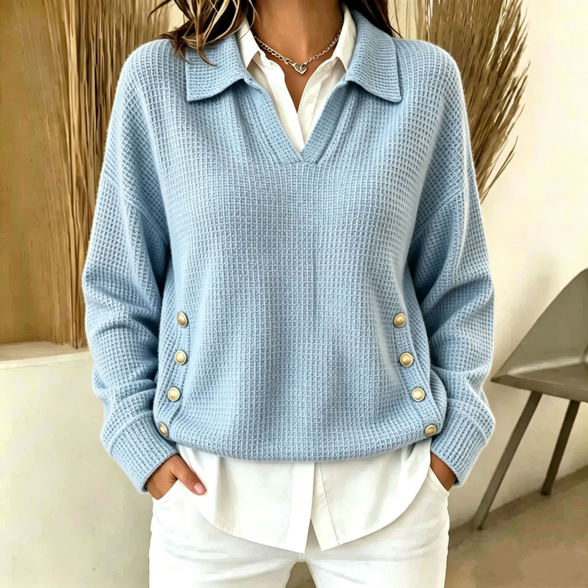 Chic Waffle Knit Lapel V-Neck Sweater with Side Button Accents