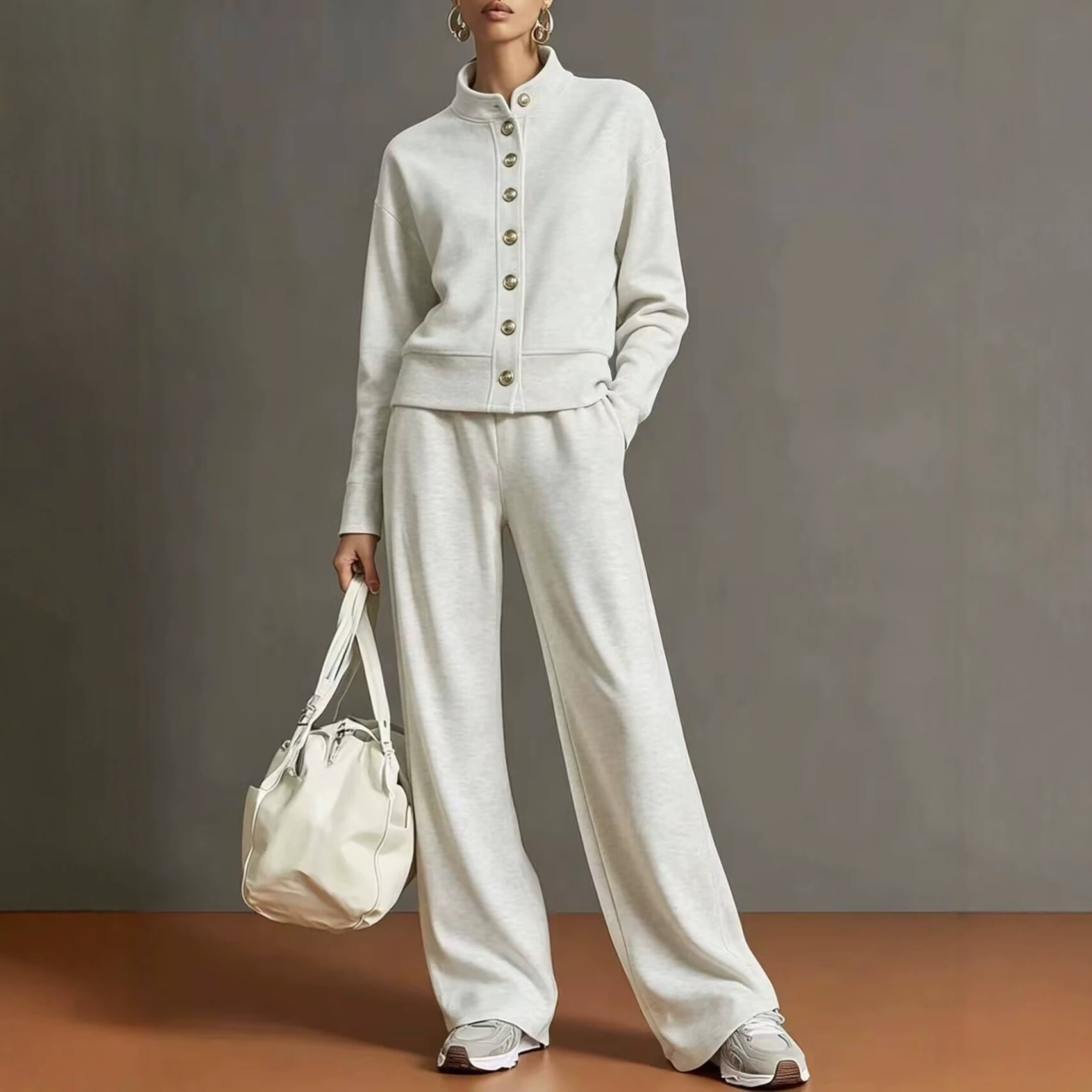 Chic High-Neck Button-Down Sweatshirt & Wide-Leg Pants Set