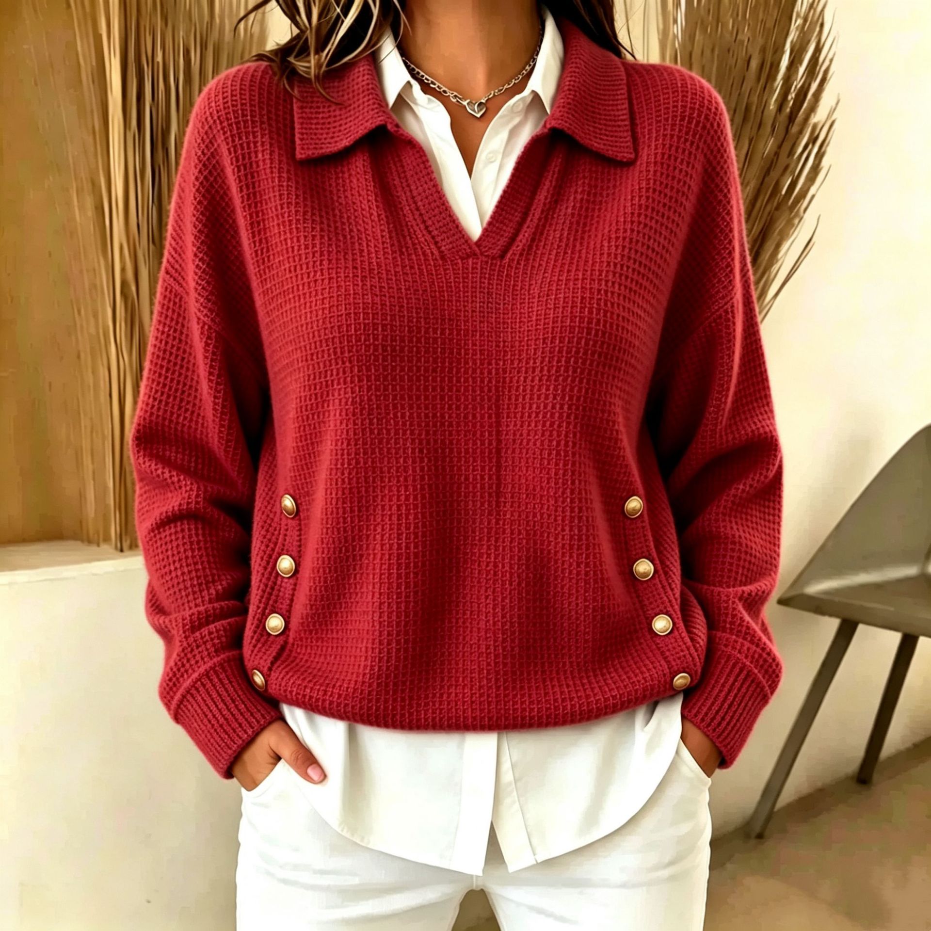 Chic Waffle Knit Lapel V-Neck Sweater with Side Button Accents