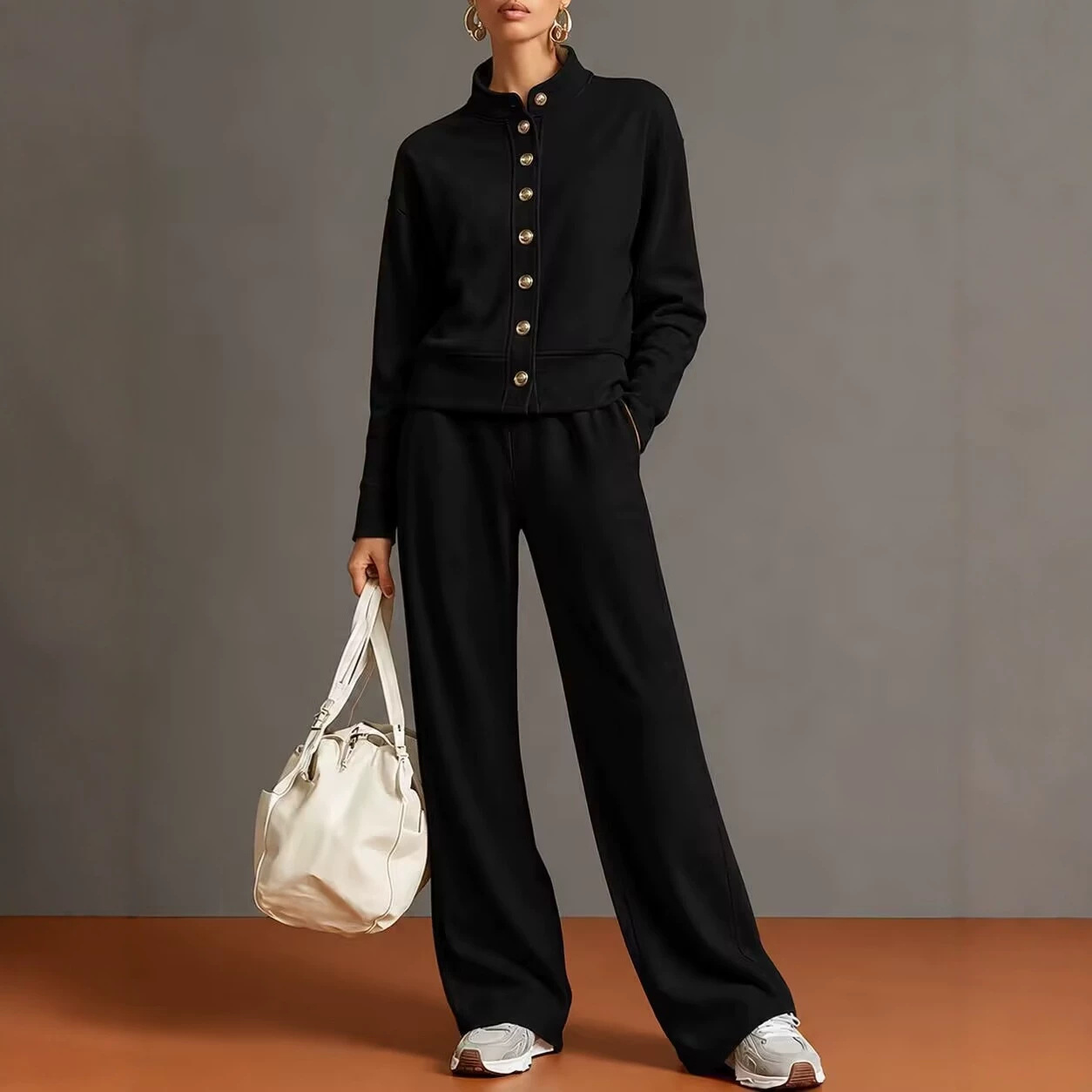 Chic High-Neck Button-Down Sweatshirt & Wide-Leg Pants Set