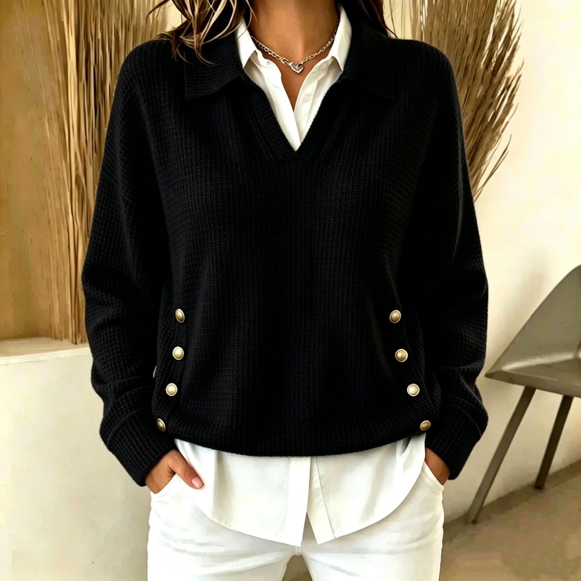 Chic Waffle Knit Lapel V-Neck Sweater with Side Button Accents