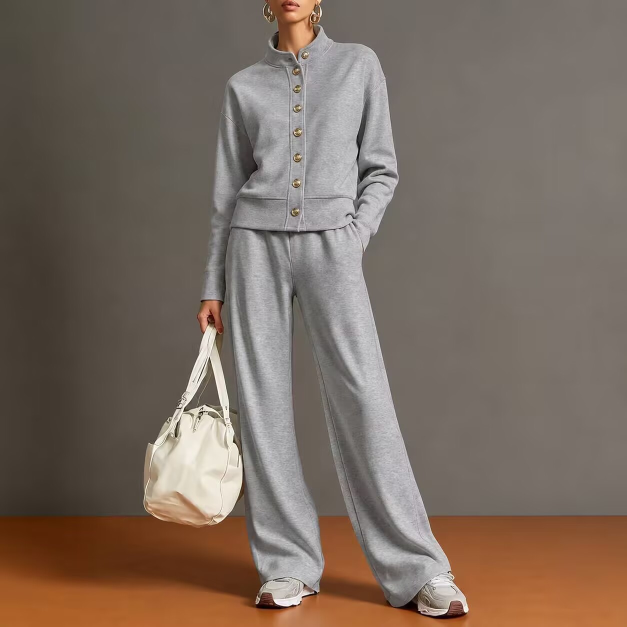 Chic High-Neck Button-Down Sweatshirt & Wide-Leg Pants Set