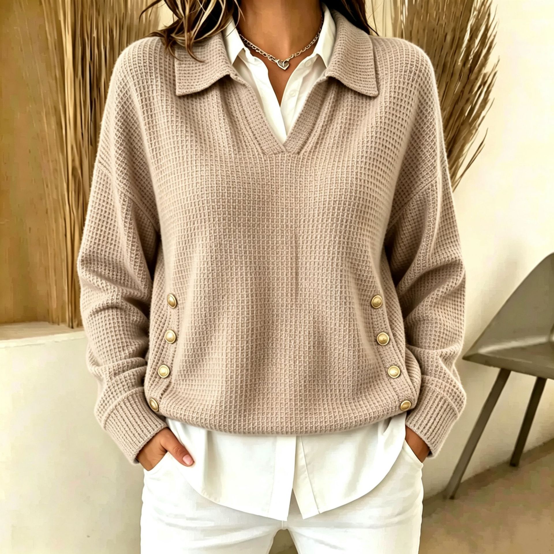 Chic Waffle Knit Lapel V-Neck Sweater with Side Button Accents
