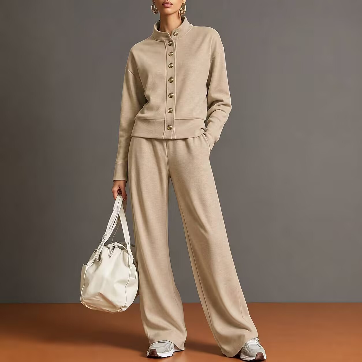 Chic High-Neck Button-Down Sweatshirt & Wide-Leg Pants Set