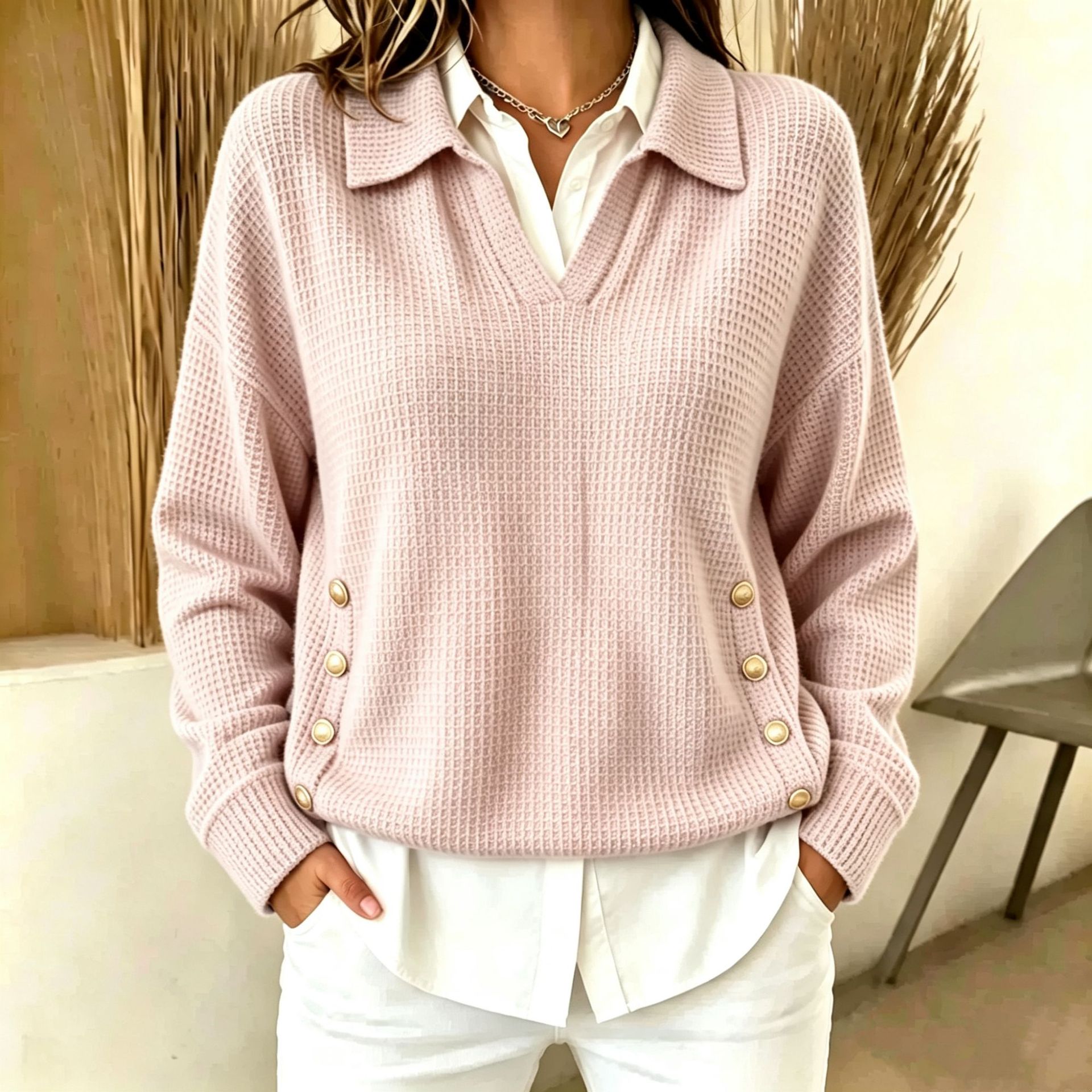 Chic Waffle Knit Lapel V-Neck Sweater with Side Button Accents
