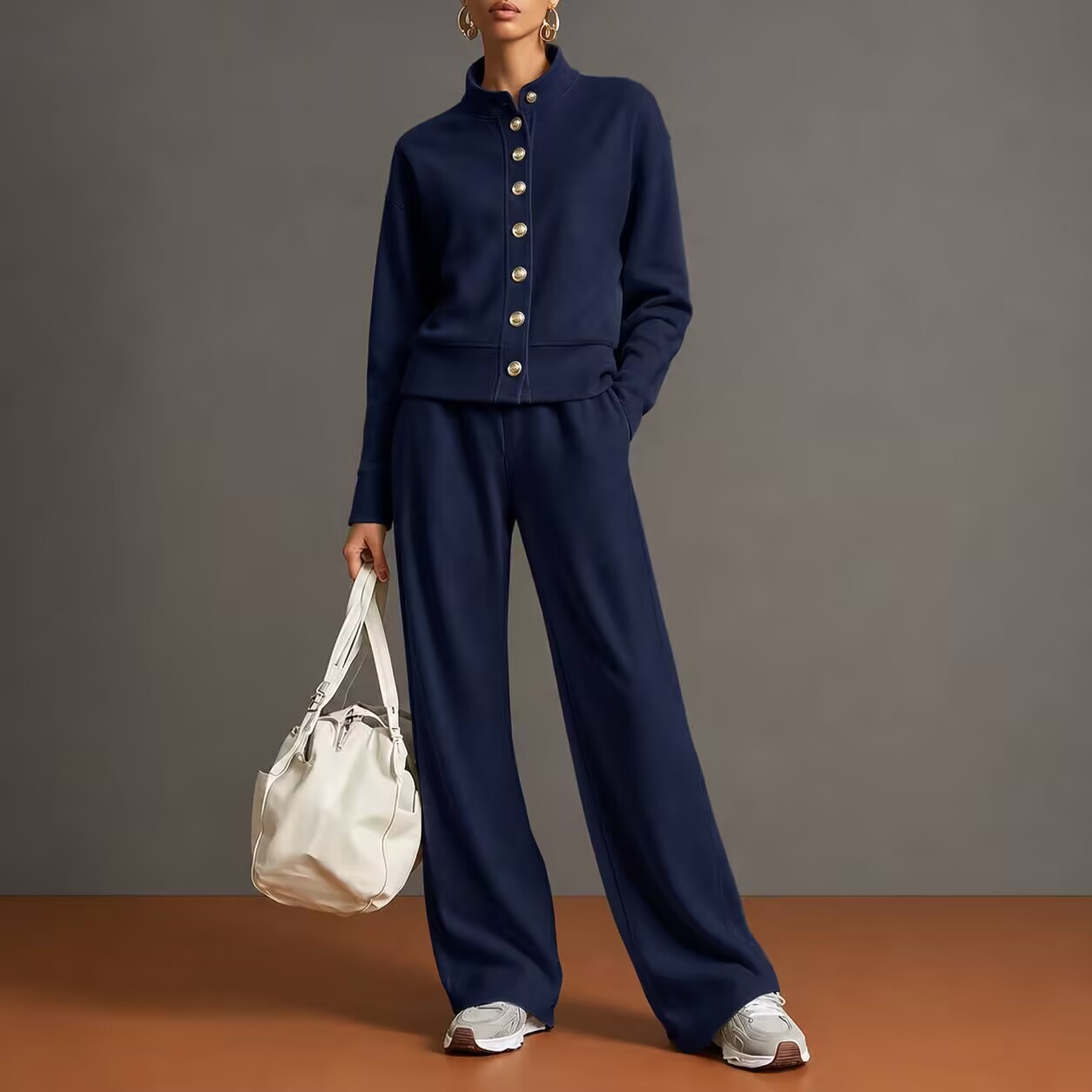 Chic High-Neck Button-Down Sweatshirt & Wide-Leg Pants Set