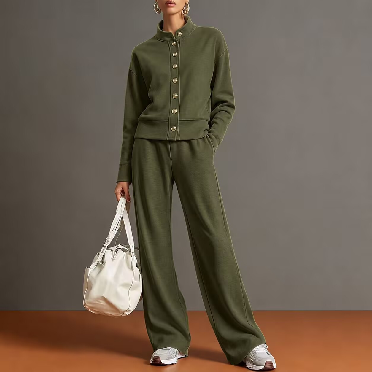 Chic High-Neck Button-Down Sweatshirt & Wide-Leg Pants Set