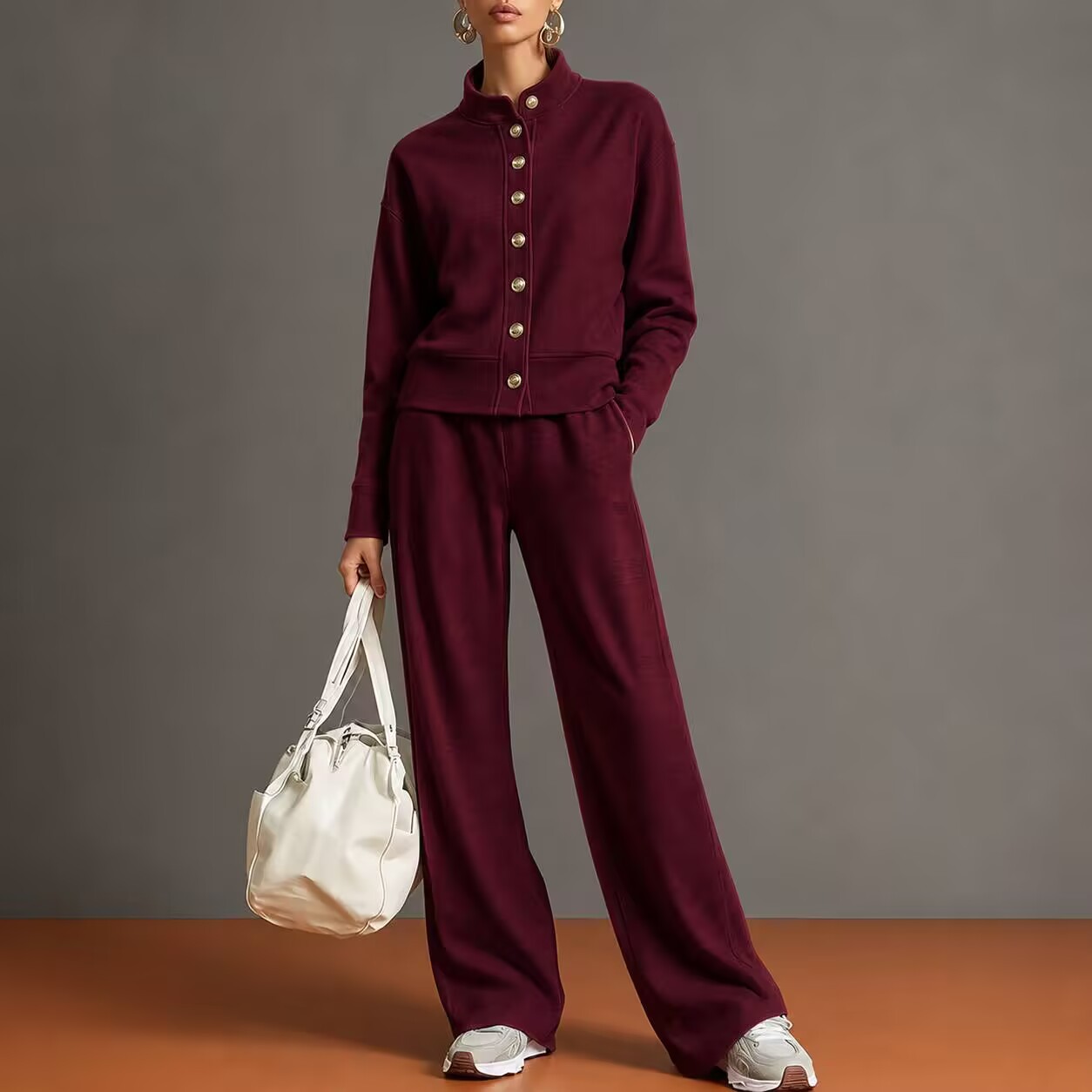 Chic High-Neck Button-Down Sweatshirt & Wide-Leg Pants Set