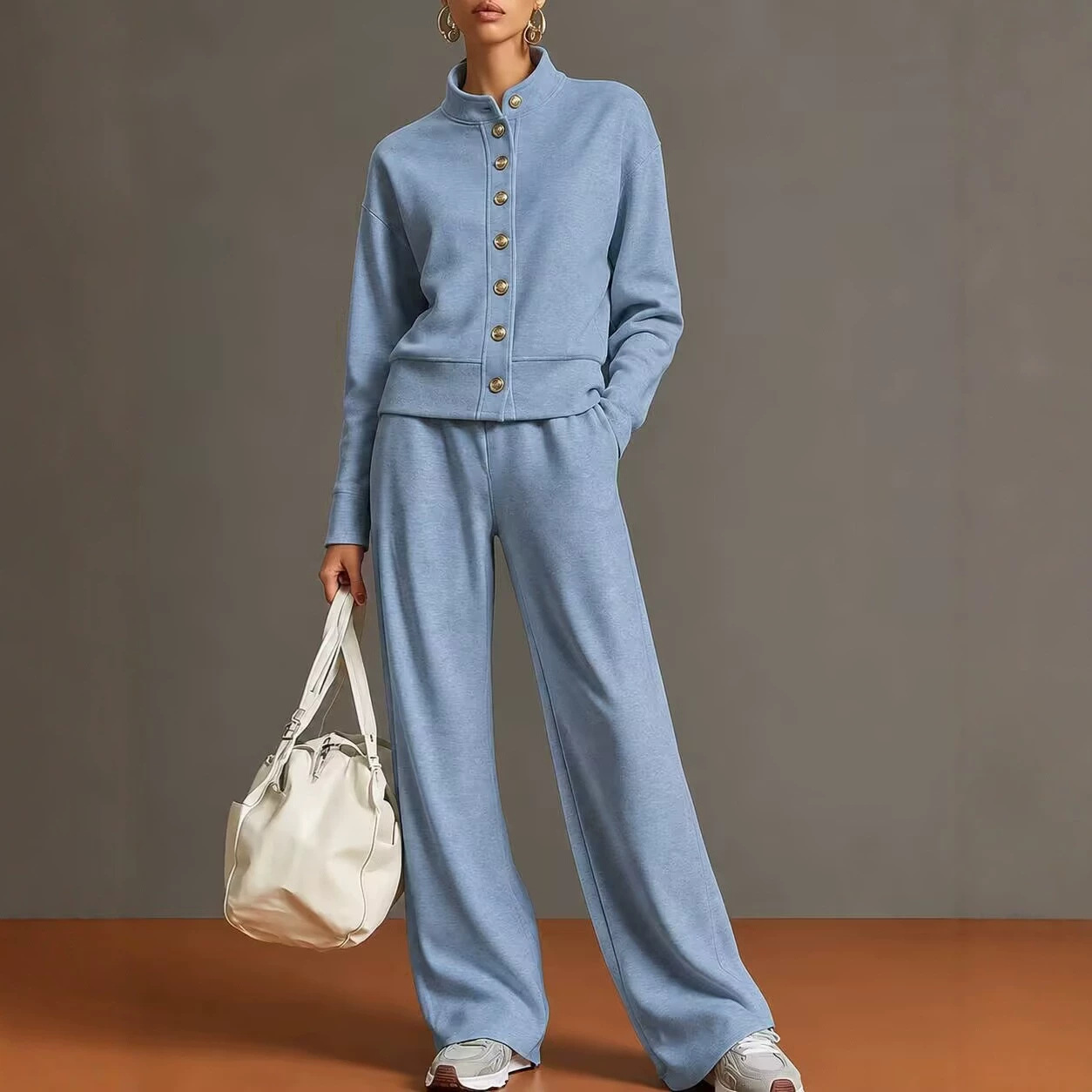 Chic High-Neck Button-Down Sweatshirt & Wide-Leg Pants Set