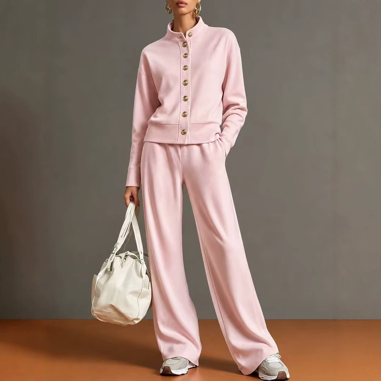 Chic High-Neck Button-Down Sweatshirt & Wide-Leg Pants Set